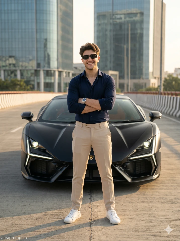 Vibrant Indian Man Supercar Photo with Golden Hour