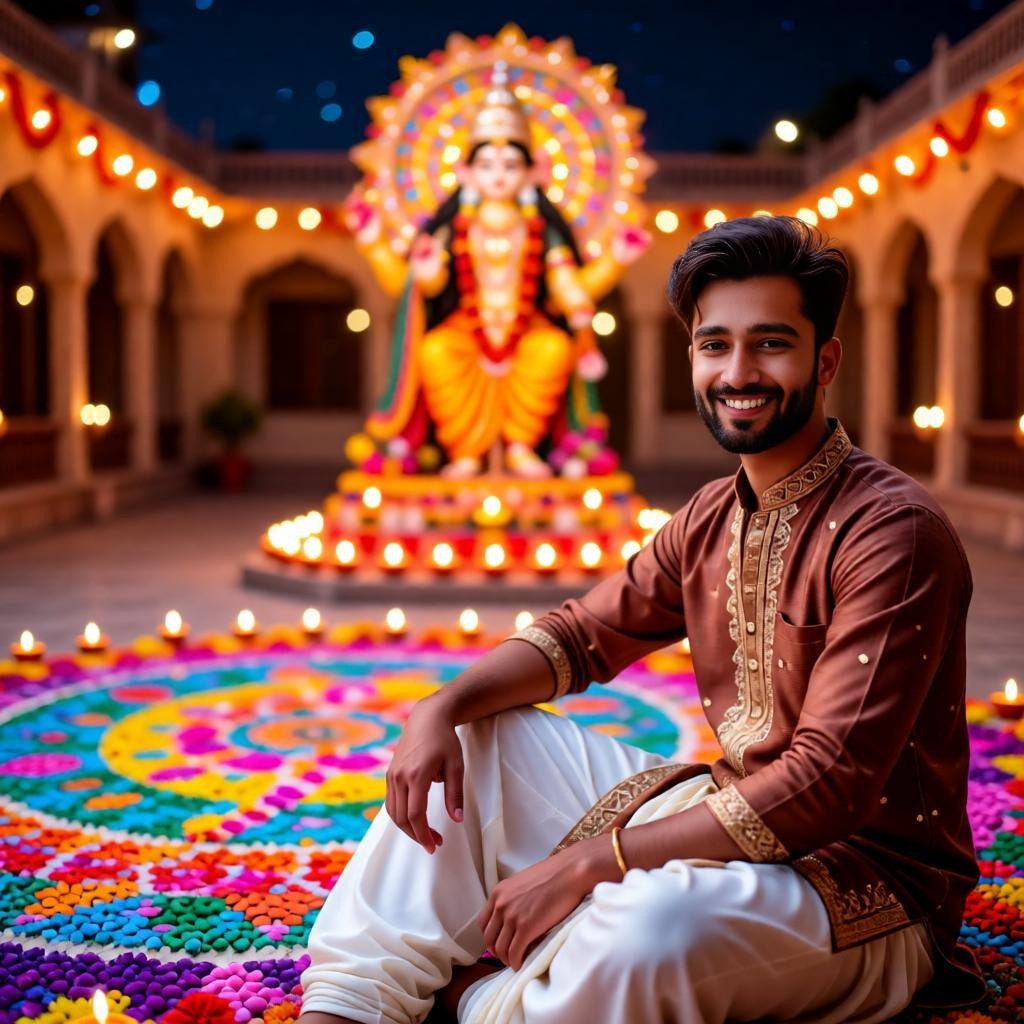 Young Indian Man with Navratri Rangoli Portrait