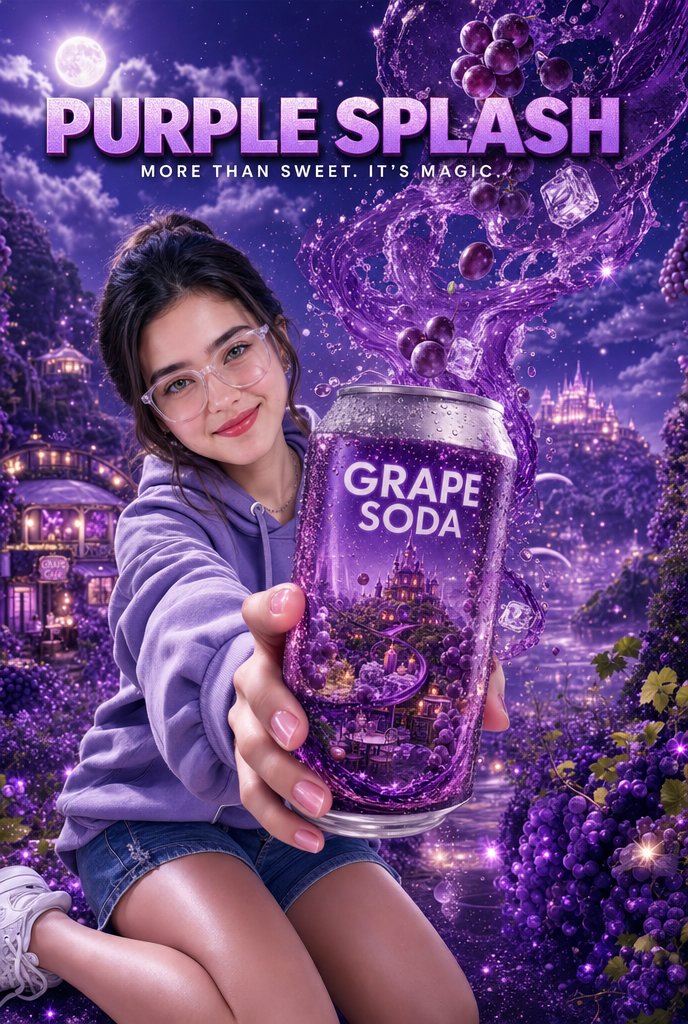 AI Prompt for Cinematic Product Advertising: Magical Grape Soda Can in Glowing Purple Night Kingdom