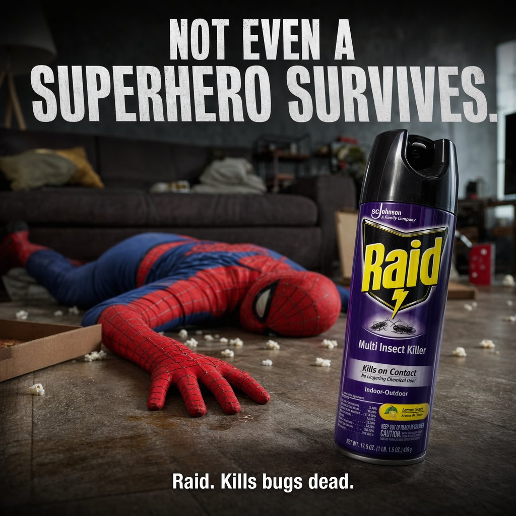 AI Prompt for Dark Comedy Product Advertising: Cinematic Bug Spray Ad with Fallen Superhero