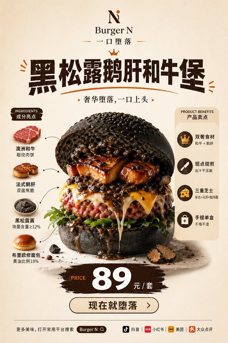 AI Prompt for Luxury Food Product Poster Design with Truffle Wagyu Burger Elements