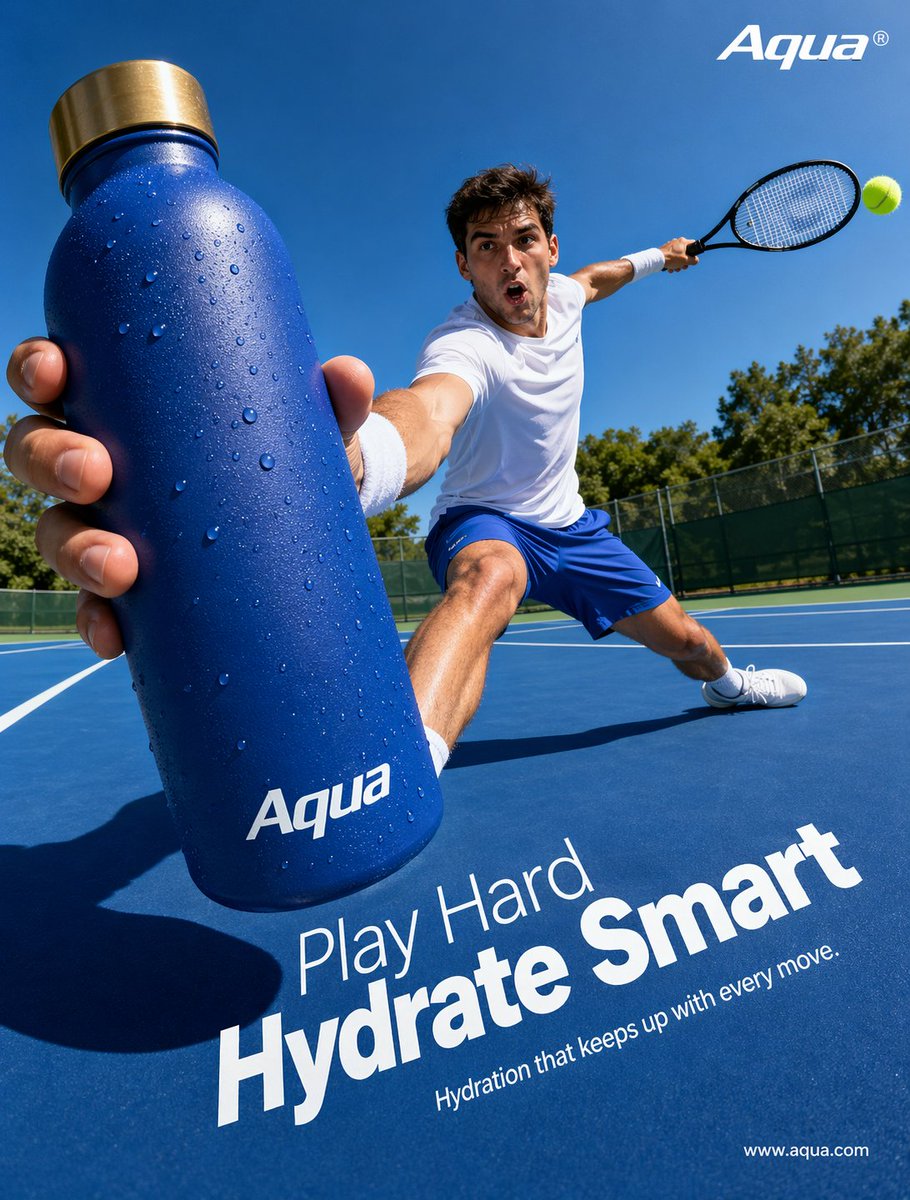 AI Prompt for Photorealistic Tennis Poster with Water Bottle and Dramatic Perspective