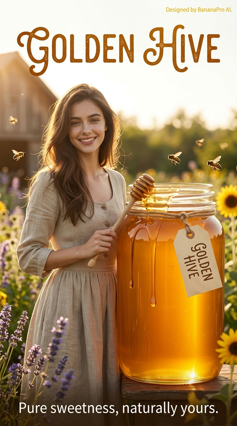 Golden Hive Honey Ad: Rustic Farmhouse Poster Design