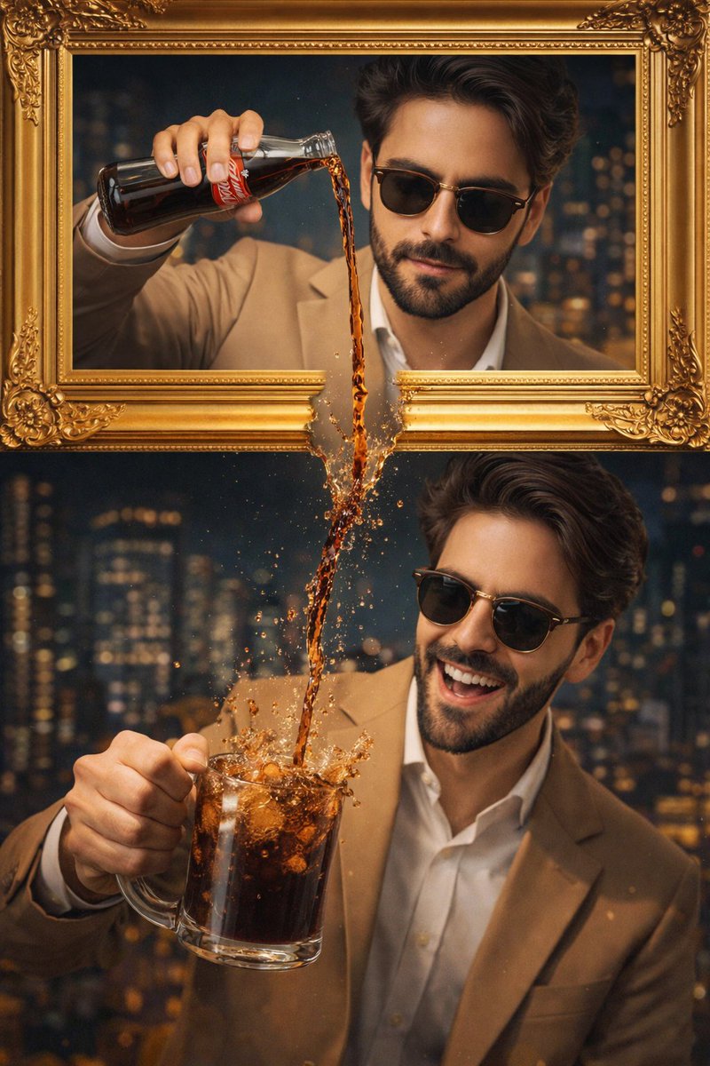 Stylish Man in Tan Suit Pouring Coca-Cola Split Image