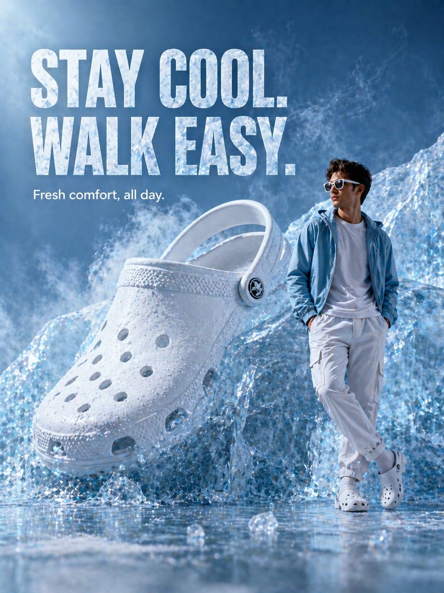 Surreal Giant Clog Winter Ad with Icy Mist
