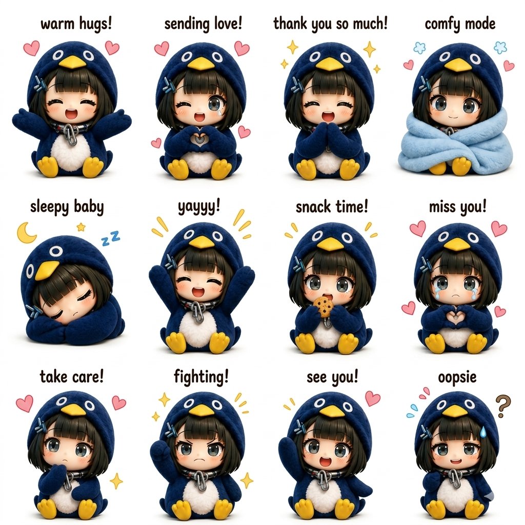 AI Prompt for Kawaii Chibi Sticker Sheet (Anime Penguin Girl, 3D Render, Chibi Style)