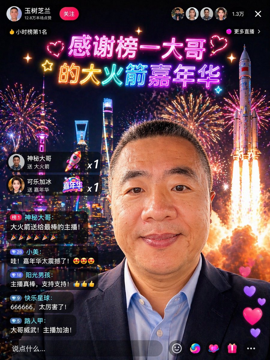 AI Prompt for Chinese-Style Livestream Rocket Gala Edit with Portrait and Cityscape Elements