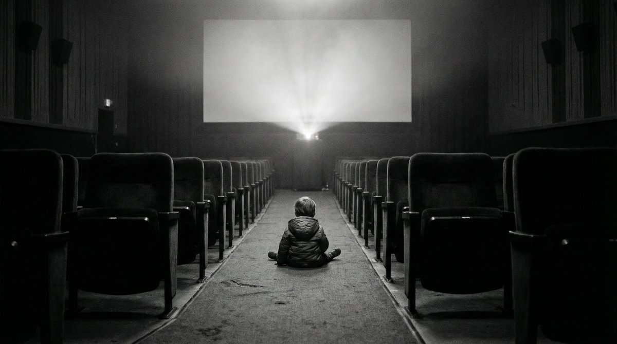AI Prompt for Cinematic Black and White Photo of a Child Watching Cinema