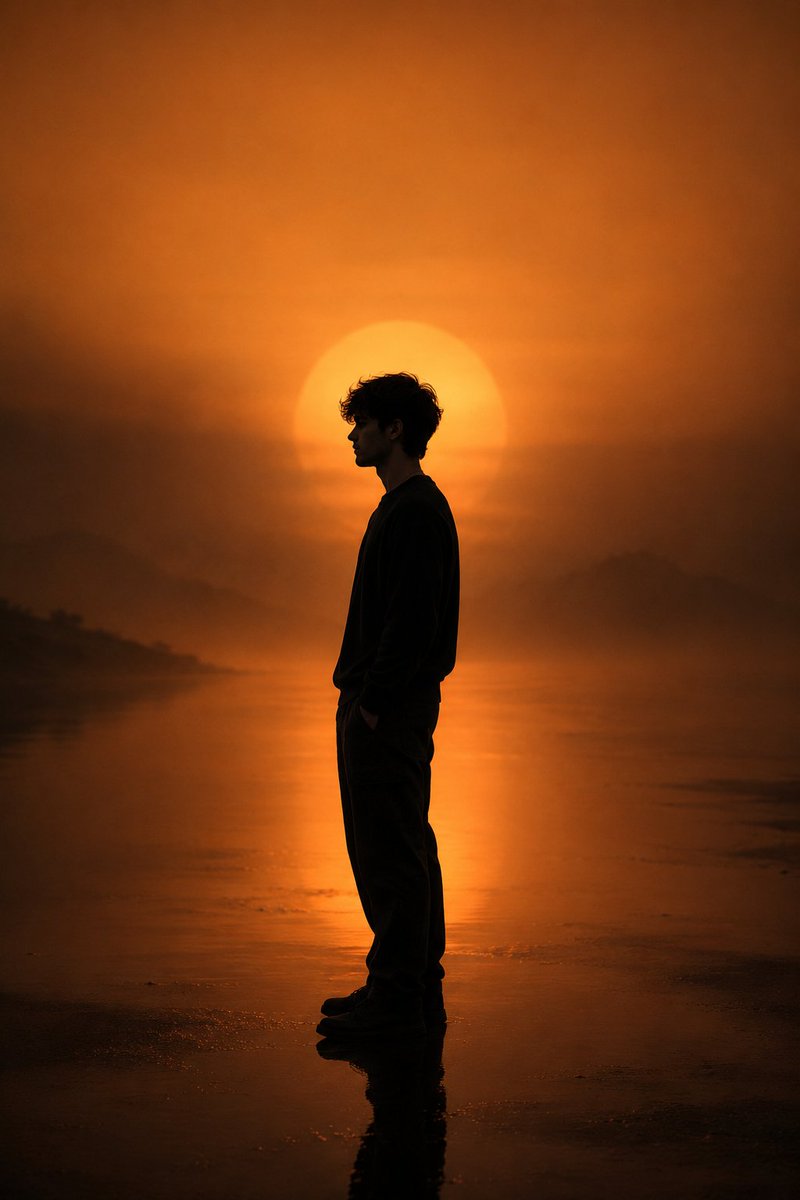 AI Prompt for Dark Silhouette Portrait with Glowing Low-Horizon Sun