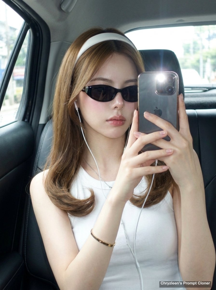 AI Prompt for Hyper-Realistic Car Mirror Selfie with Korean Glass-Skin Makeup