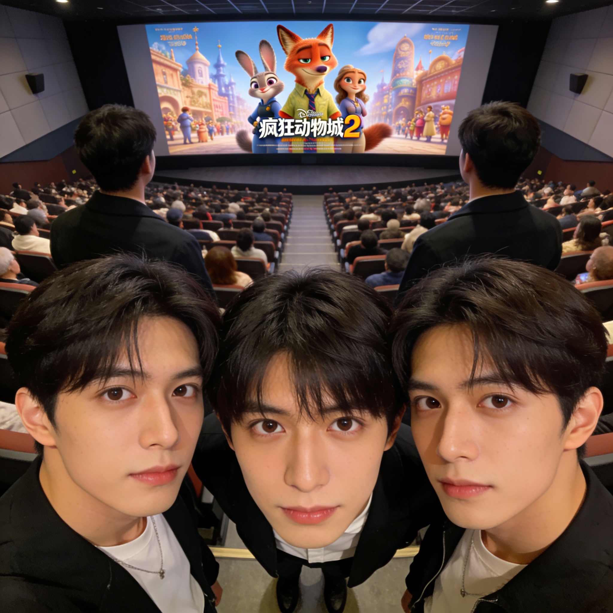 AI Prompt for Merging Three Character Photos into a High-Angle Portrait: Japanese/Korean-Style Selfie in a Movie Theater