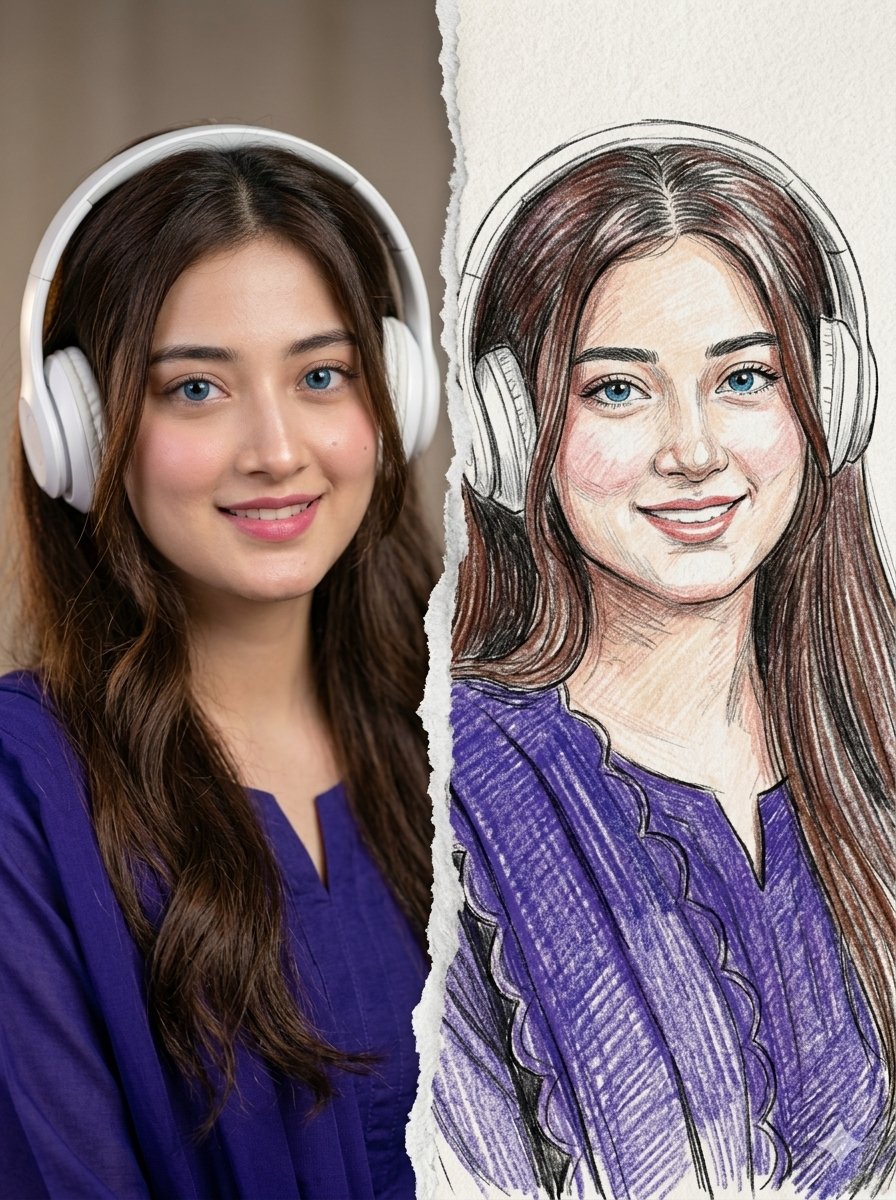 AI Prompt for Split Portrait with Photo and Sketch Effect