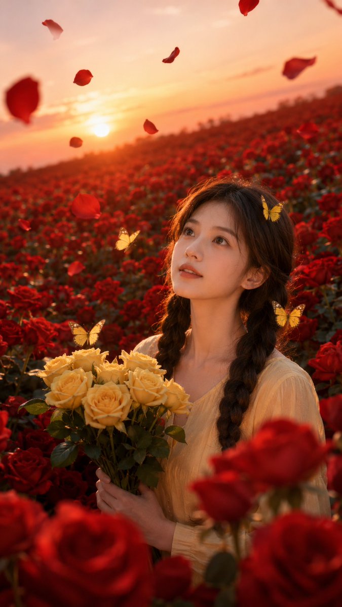 AI Prompt for Sunset Rose Portrait Transformation: Create Cinematic Selfies with Romantic Landscape Backgrounds