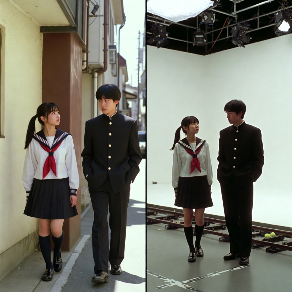 AI Prompt for VFX Comparison Image: Retro Green Screen Split-Screen