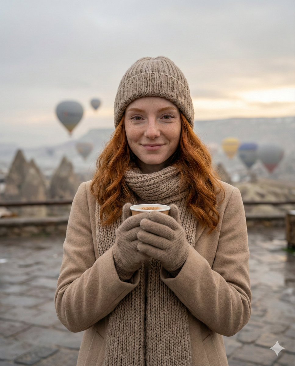 AI Prompt for Winter Landscape with Hot Air Balloons in Cappadocia