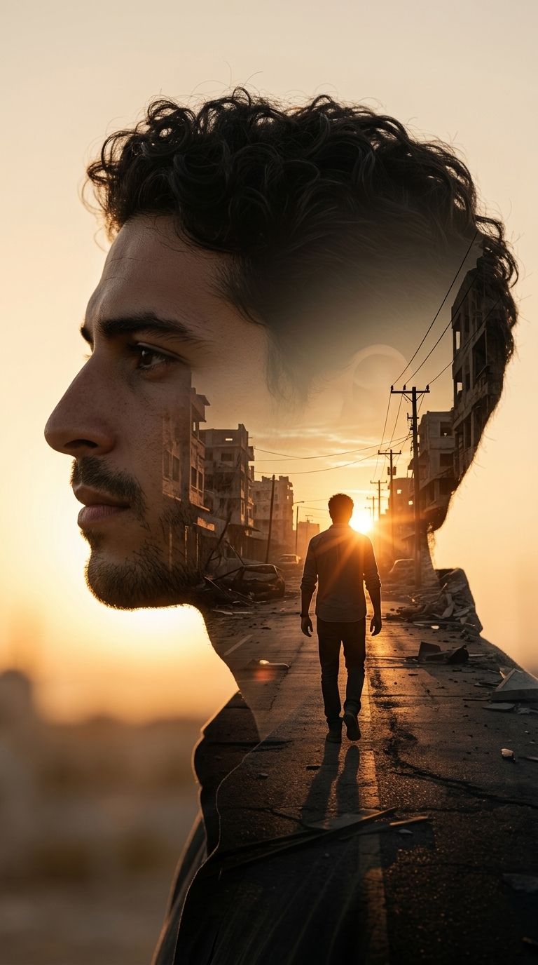 Cinematic Double Exposure Portrait in Destroyed City