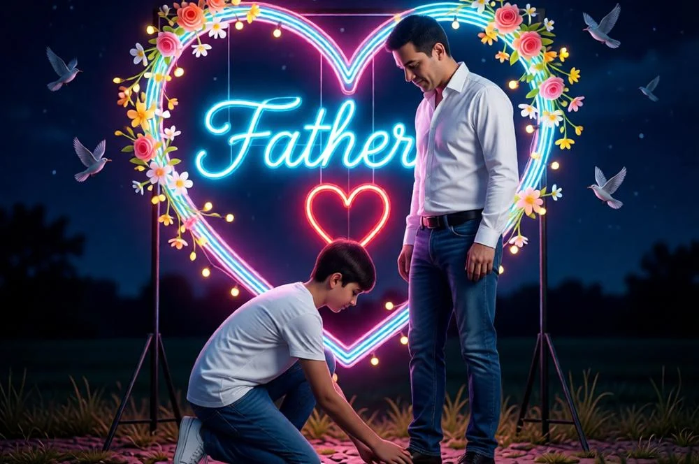 Hyper-Real Father-Son Portrait with Neon Heart