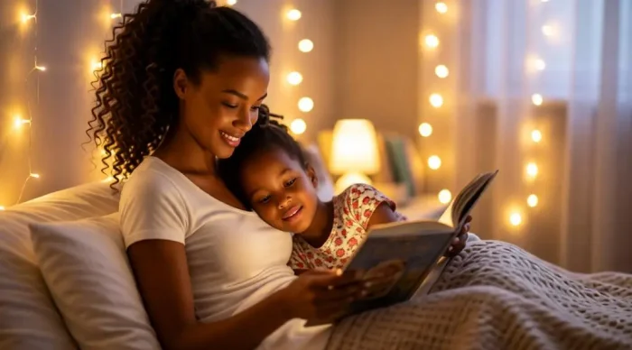 Mother Daughter Bedtime Story Fairy Lights AI Photo