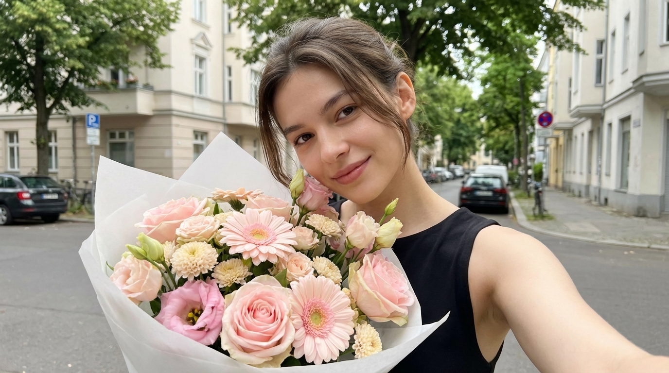Realistic Outdoor Selfie with Flowers European Street