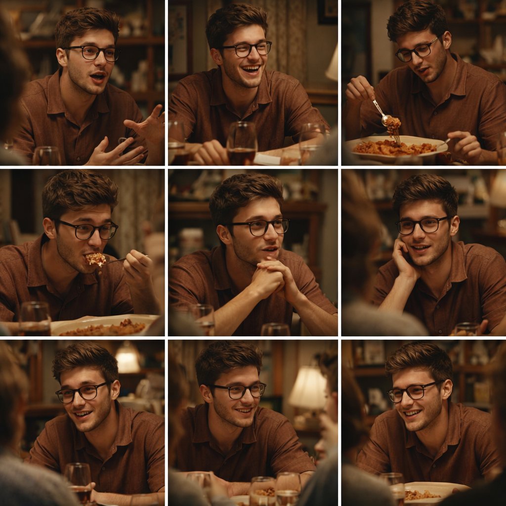 3x3 Cinematic Storyboard of Young Man at Family Dinner