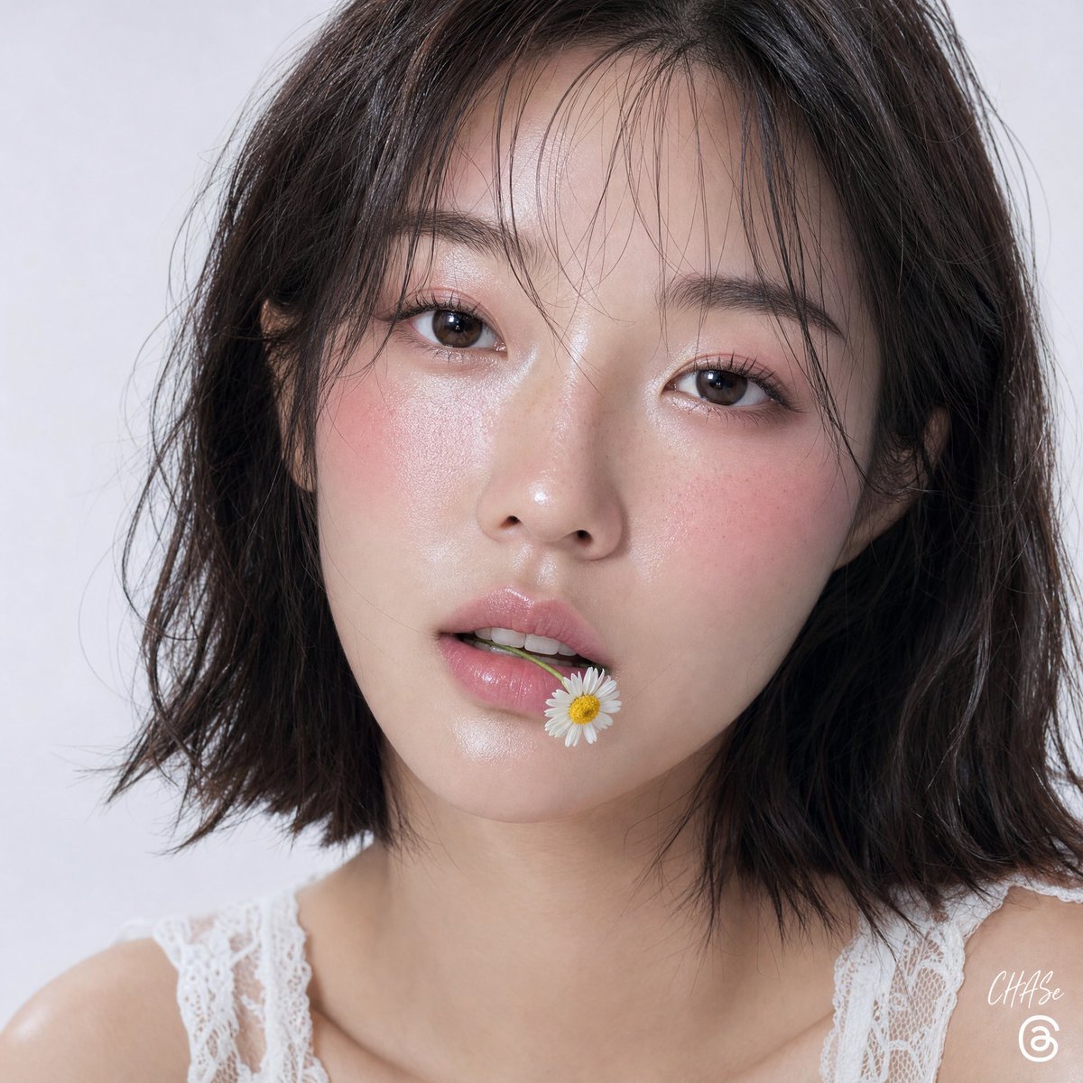 AI Beauty Portrait Prompt: Dewy Skin, Pink Blush, and Chamomile