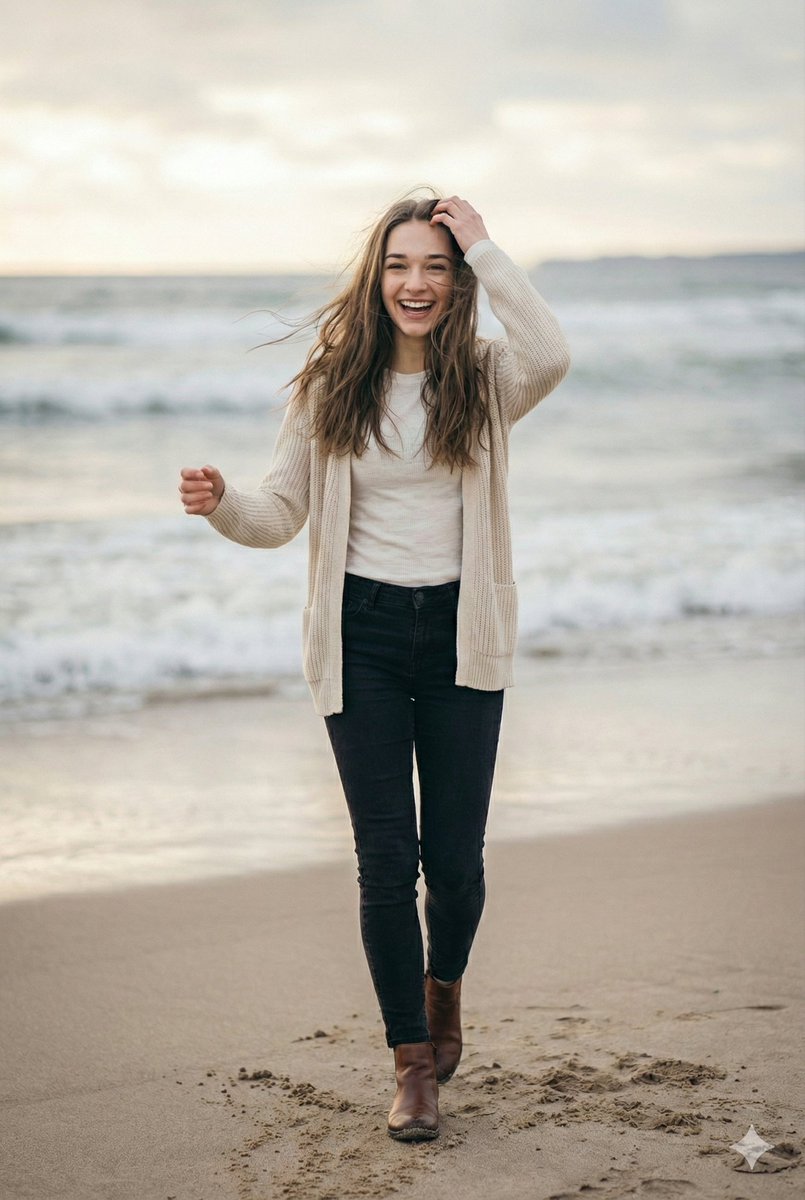 AI Image Prompt for Cinematic Winter Beach Photoshoot: Ultra-Realistic Model Photo