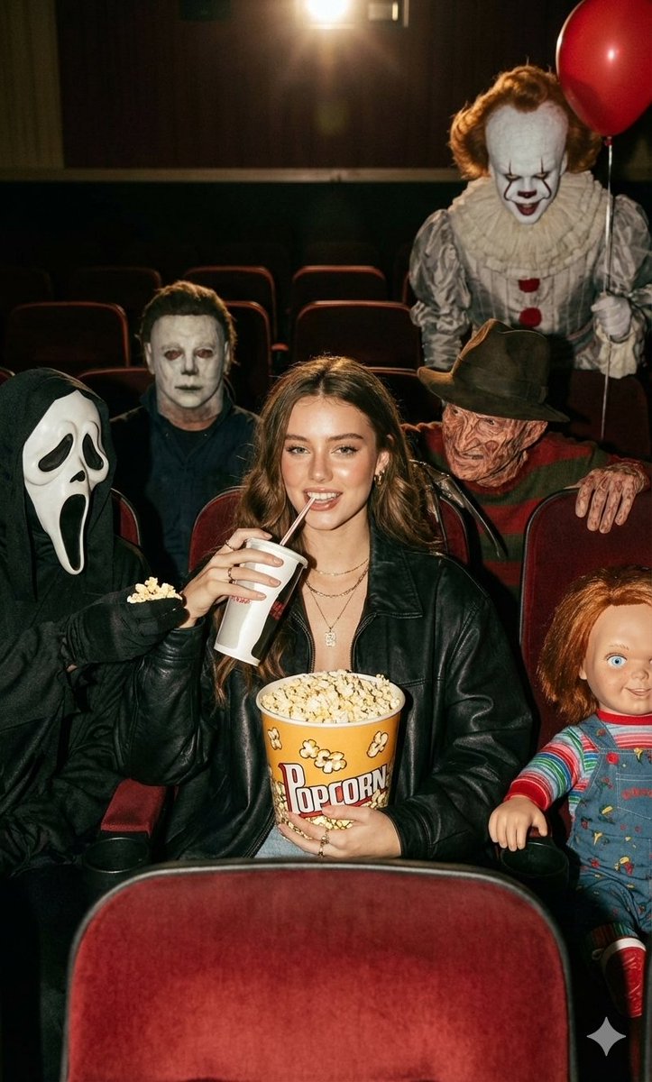 AI Movie Theater Horror Scene Prompt: Generate a Creepy Halloween Cinematic Movie Shot