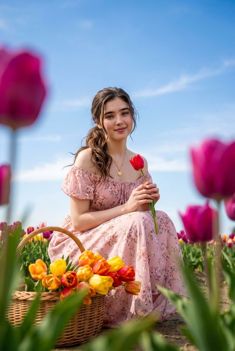 AI Portrait Prompt: Cheery Brunette in Tulip Field