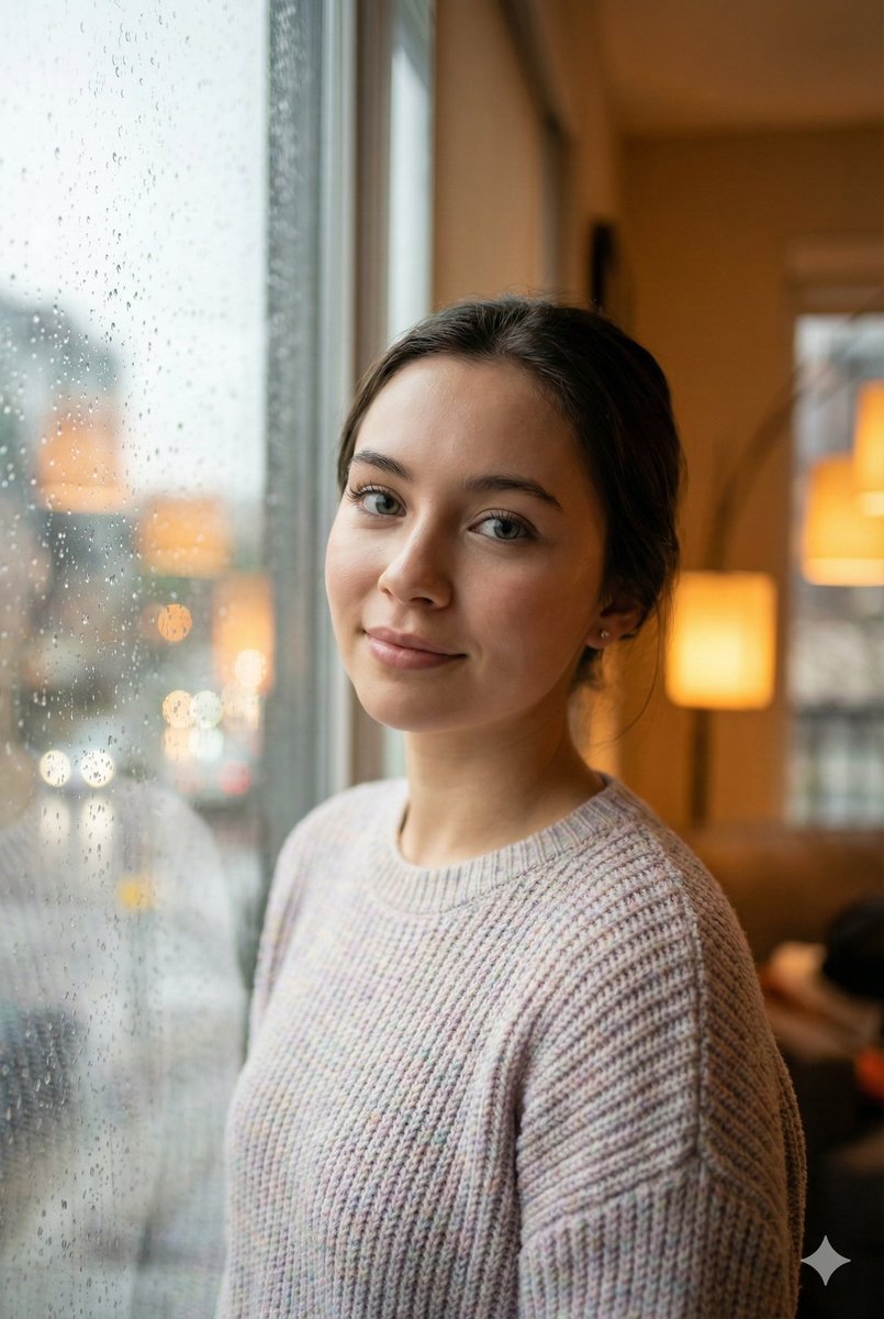 AI Portrait Prompt: Cozy Realism Rainy Day Portrait with Soft Lighting