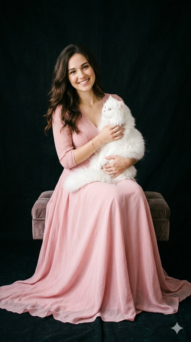 AI Portrait Prompt: Elegant Woman Holding White Persian Cat in Studio