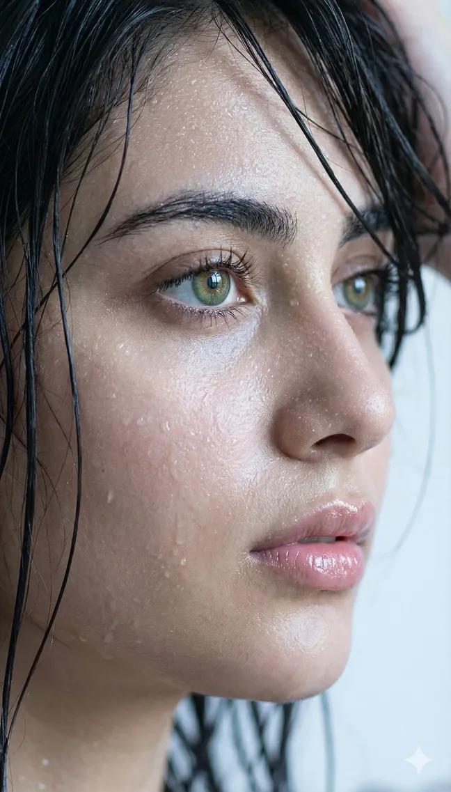 AI Portrait Prompt: Extreme Wet Close-Up of Young Woman