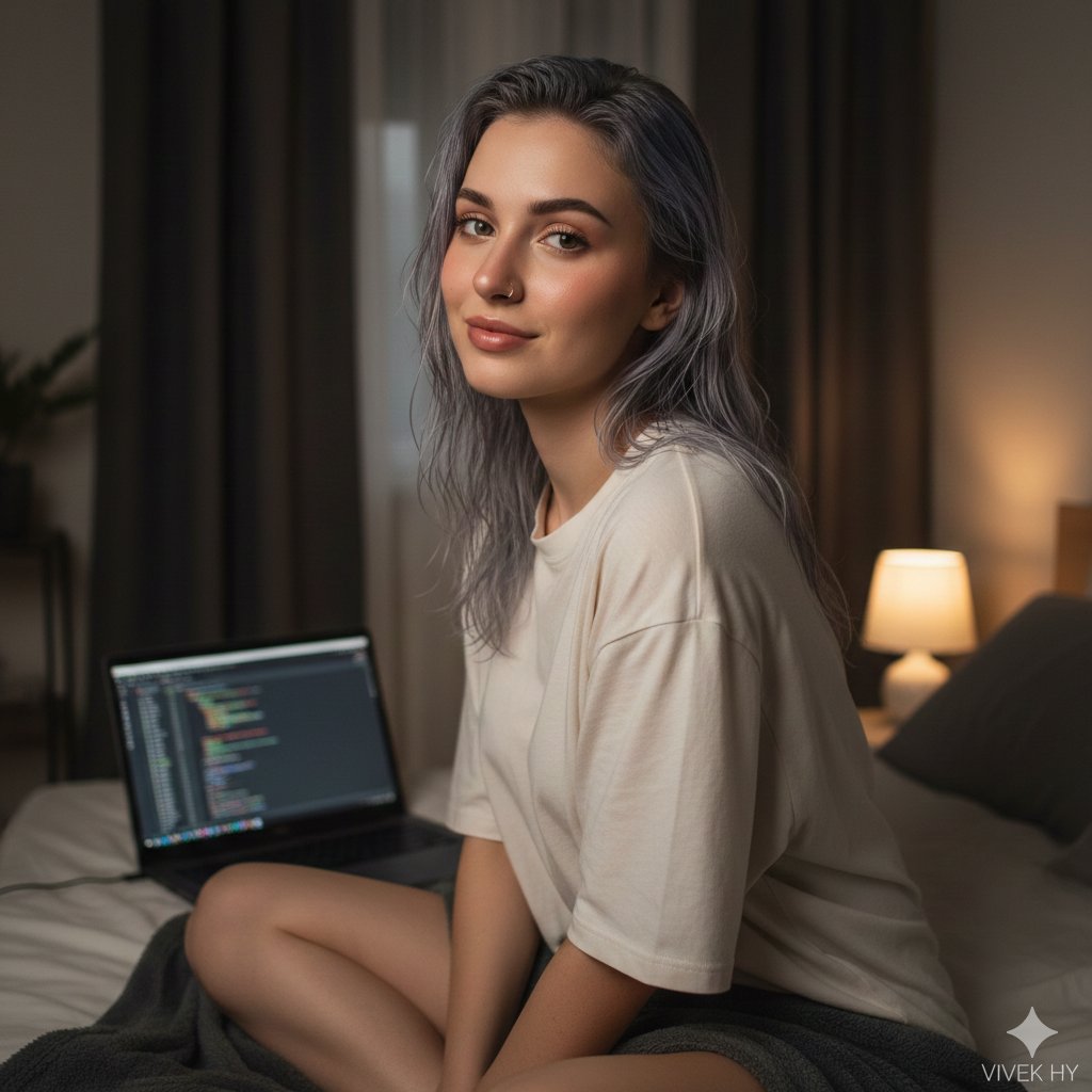 AI Portrait Prompt: Female Code Editor and Bedside Lamp in Cozy Bedroom Scene