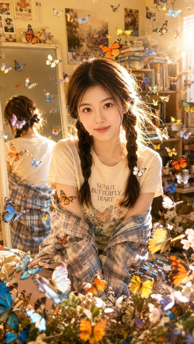 AI Portrait Prompt for Dreamy Indoor Photos with Butterflies and Sunlight