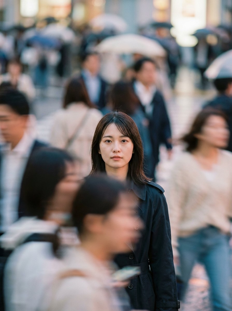AI Portrait Prompt for Focus in a Crowd: Shallow Depth of Field and Motion Blur