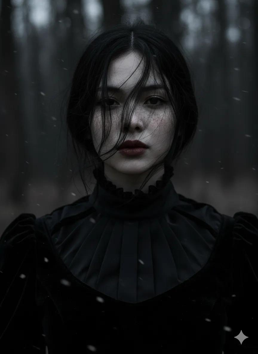 AI Portrait Prompt: Gothic Ethereal Woman in Snowy Forest