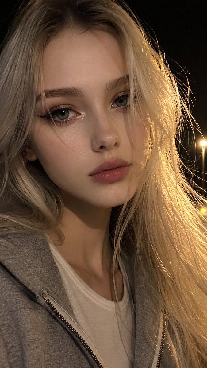 AI Portrait Prompt: Ultra-Close-Up Nighttime Selfie with Platinum Blonde Hair, Cinematic Shadows, and Soft Golden Lighting
