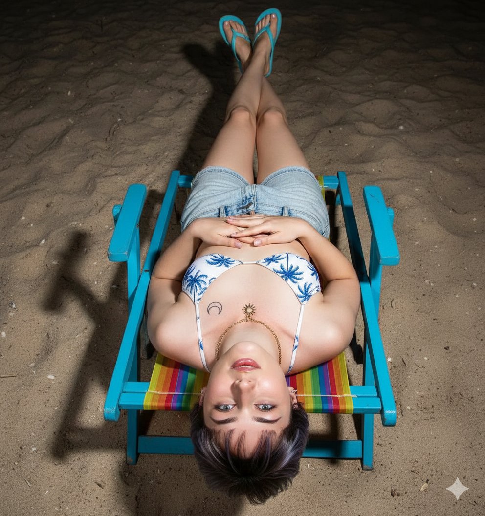 AI Portrait Prompt: Upside-Down Beach Chair Flash Photography