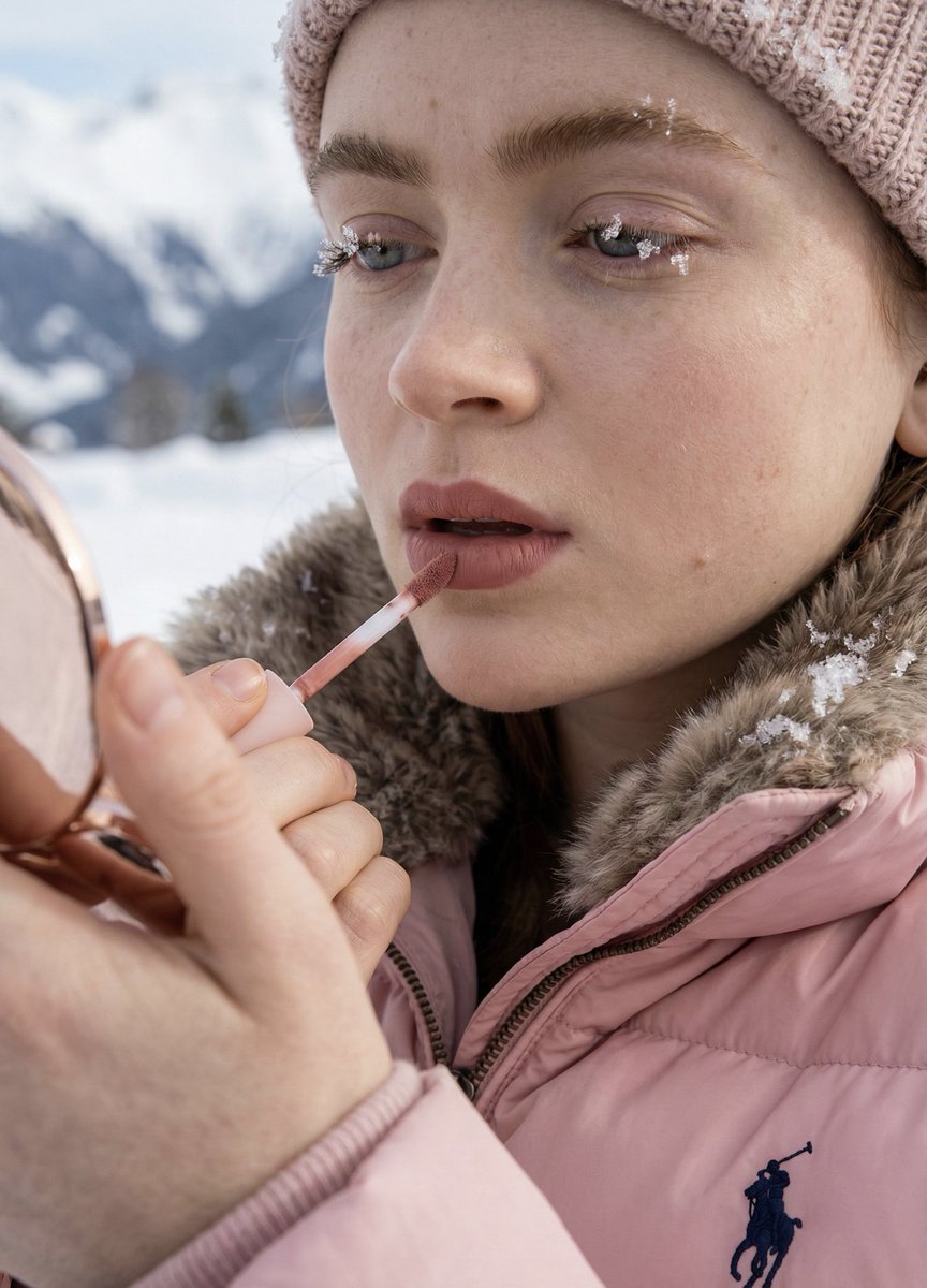 AI Product Photography Prompt: Lipstick Texture on Snowy Background
