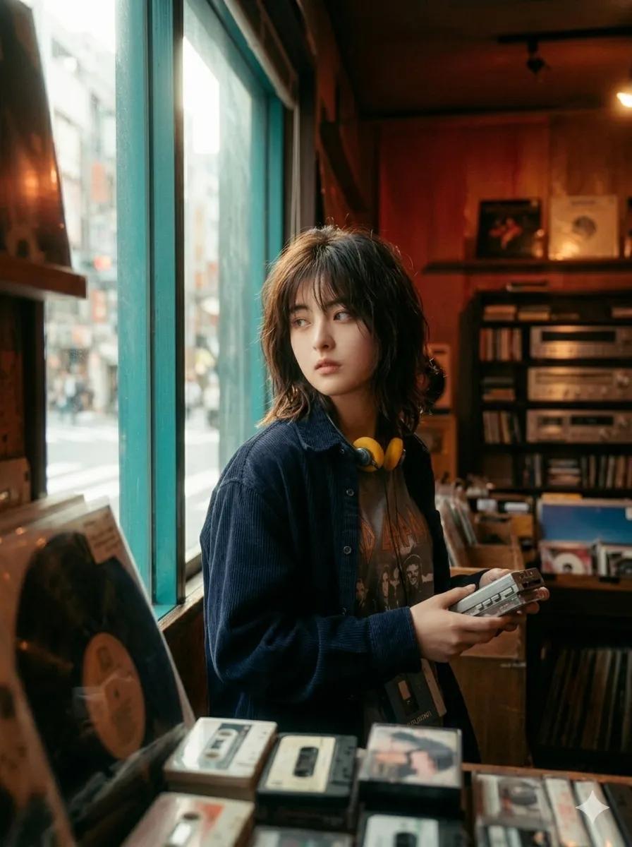 AI Prompt: Create a Retro Japanese Music Store Scene with Dramatic Lighting