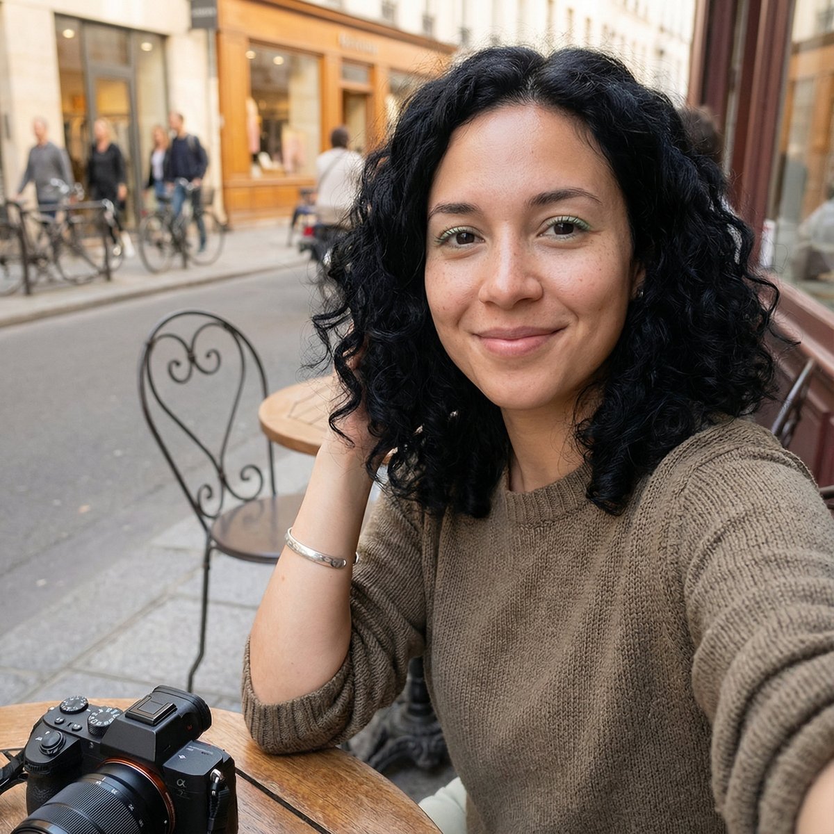 AI Prompt: Create Candid Outdoor Street Cafe Selfie of Woman with Soft Natural Light