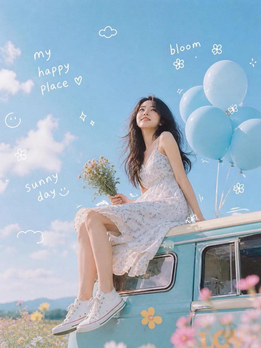 AI Prompt: Dreamy Van Rooftop Portrait with Wildflowers and Pastel Color Grading