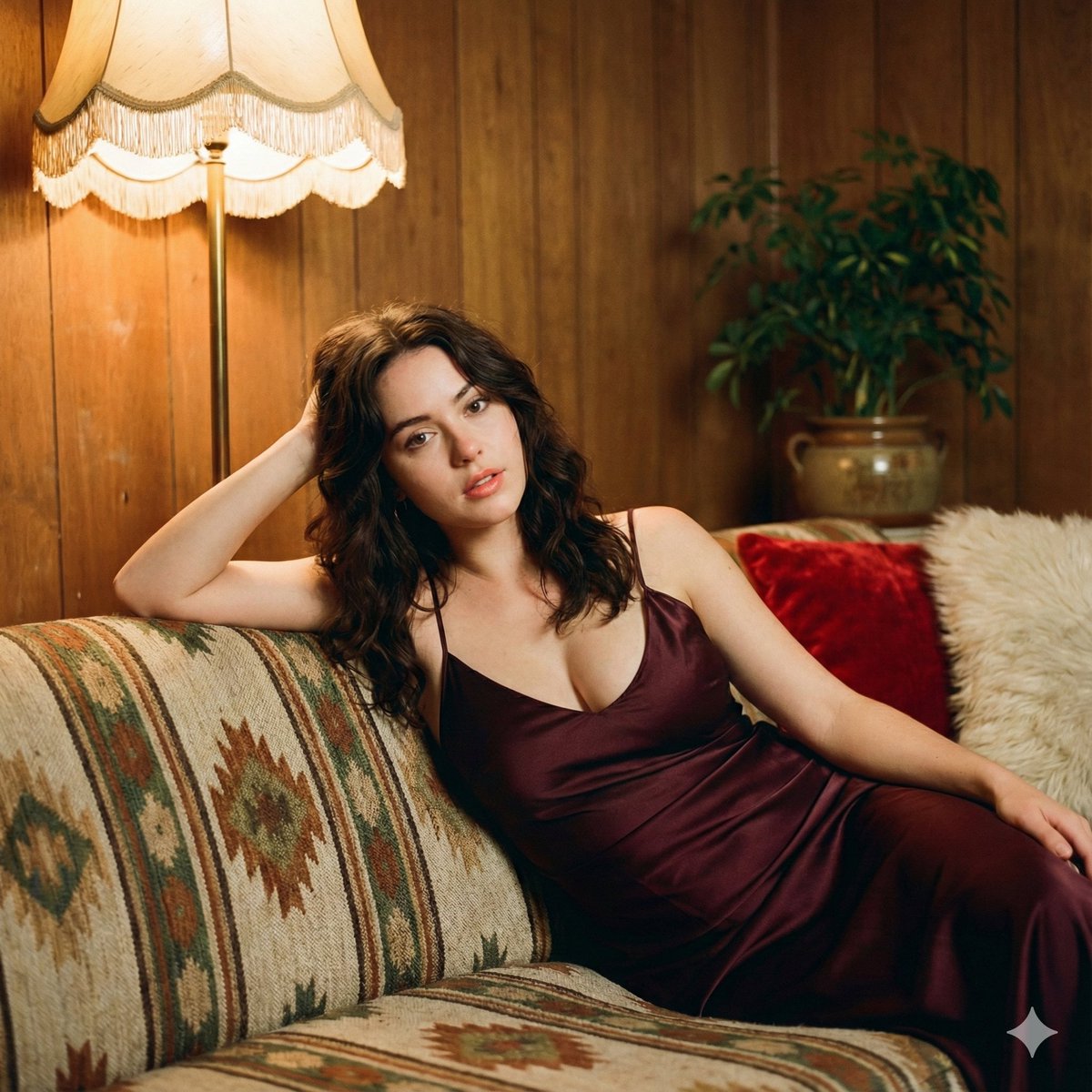 AI Prompt for 1970s Retro Cinematic Portrait with a Burgundy Slip Dress