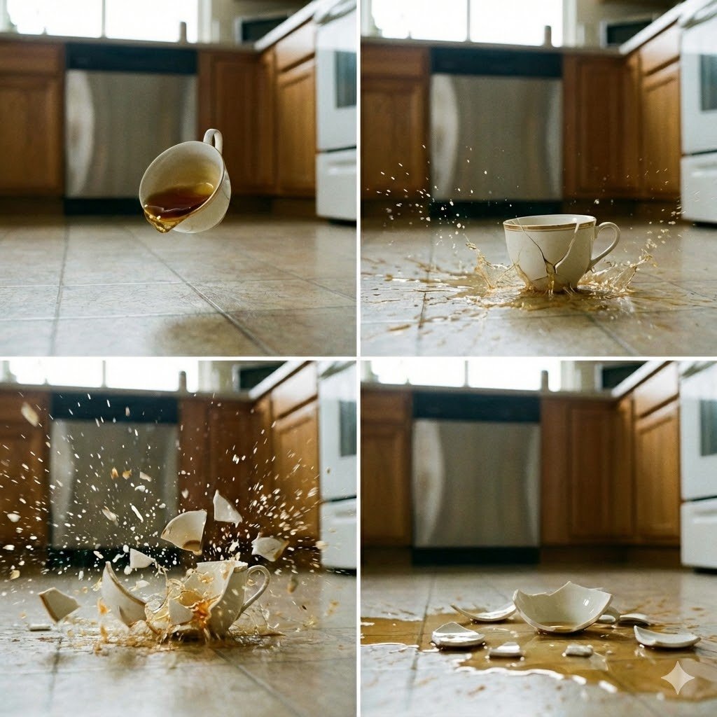 AI Prompt for 4-Panel Animated Teacup Breakage Sequence