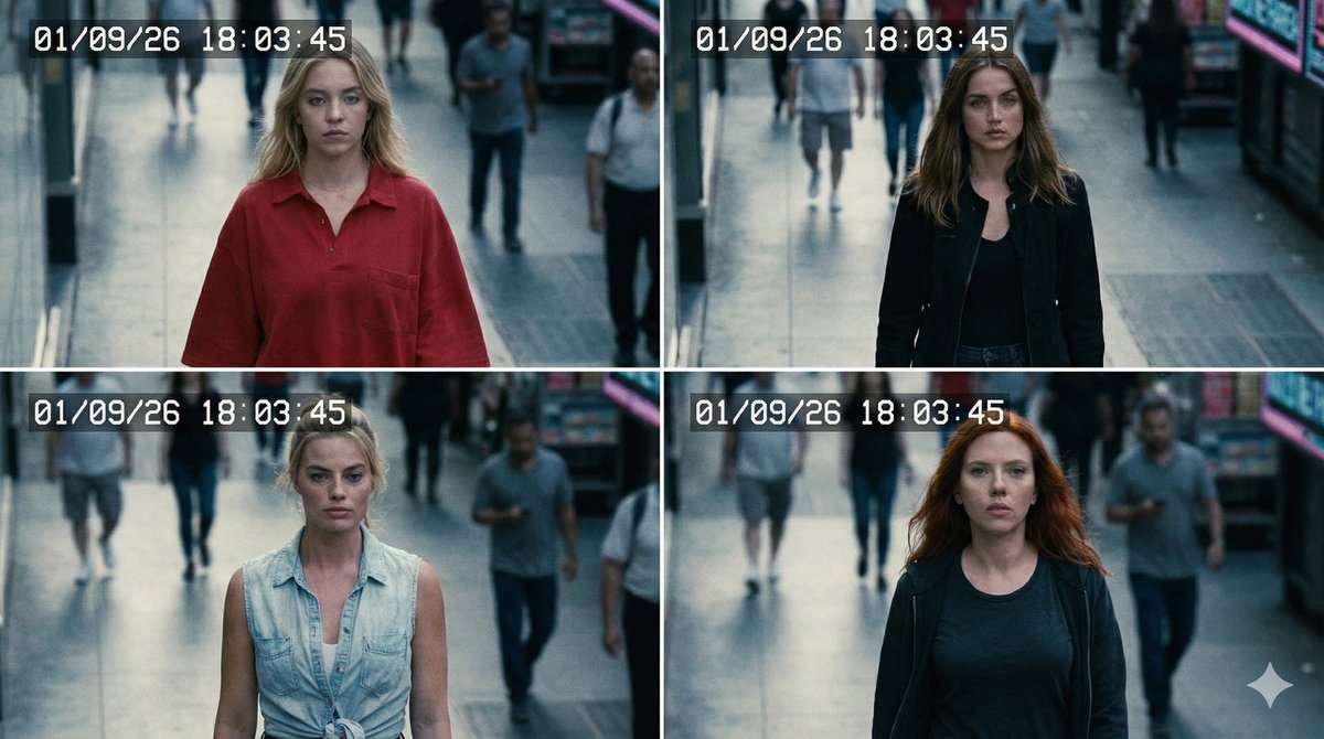 AI Prompt for 8K Celebrity Streetwalk Video - Sydney Sweeney, Ana de Armas, Margot Robbie, Scarlett Johansson