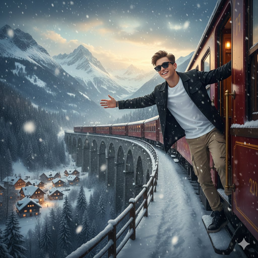 AI Prompt for 8K Cinematic Winter Train Scene: Vintage Red Train and Stylish Model Photography