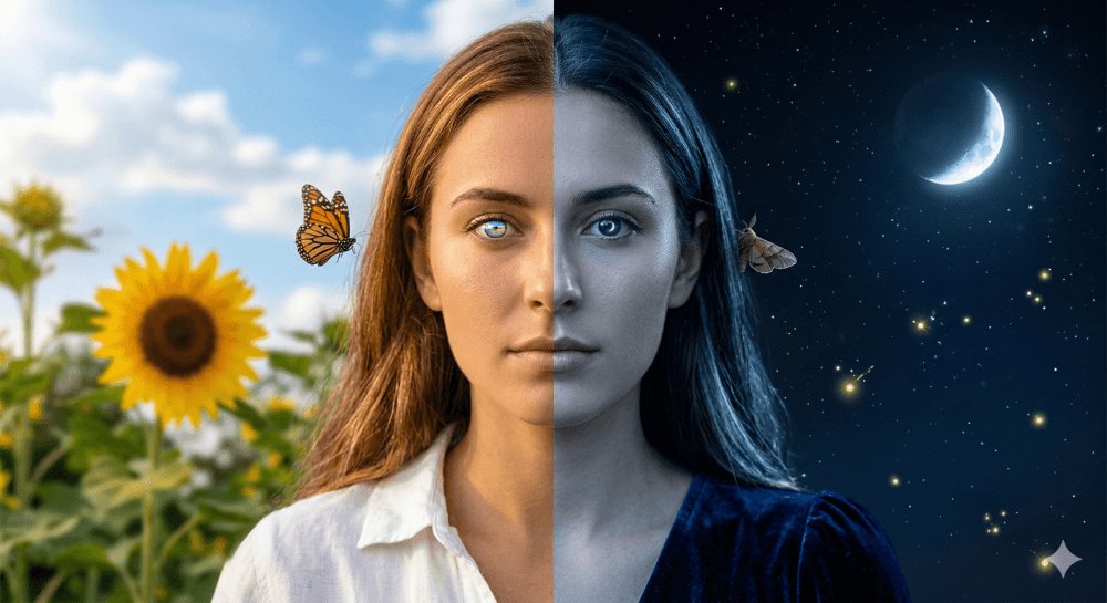 AI Prompt for 8K Portrait with Day and Night Split