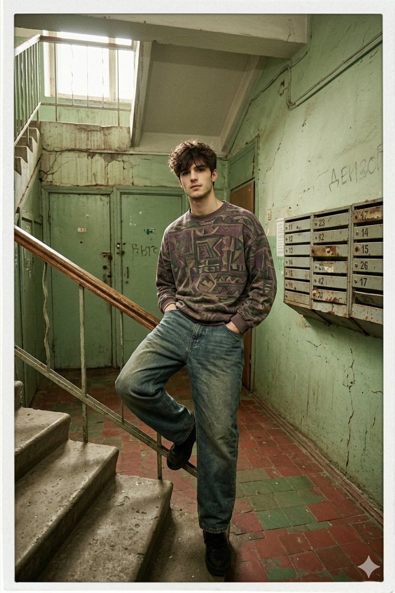 AI Prompt for 90s Retro Male Model in Vintage Russian Apartment Entrance