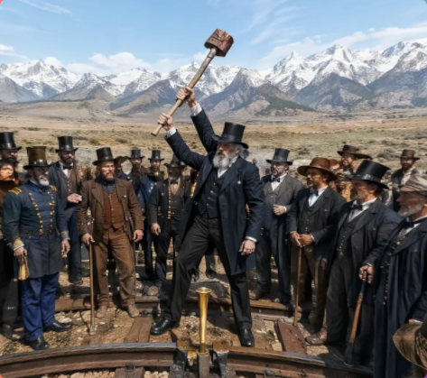 AI Prompt for a 19th-Century Railroad Scene with Dramatic Figure and Golden Spike