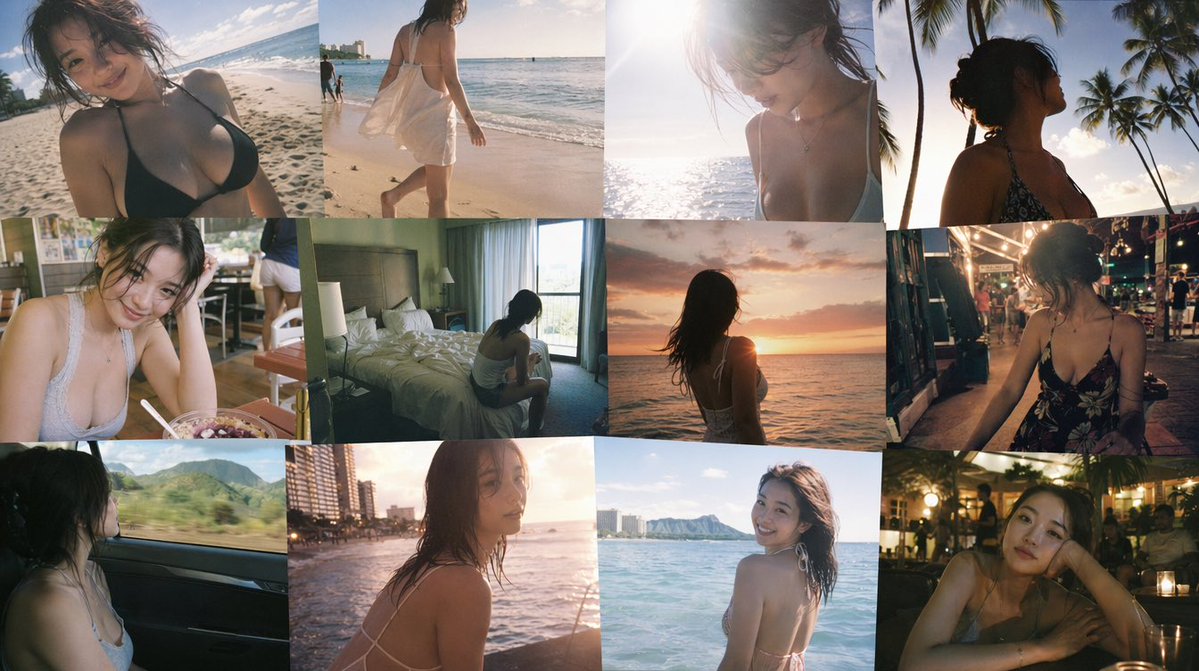 AI Prompt for a Cinematic Hawaii Solo Travel Collage with a Raw, Vintage Aesthetic