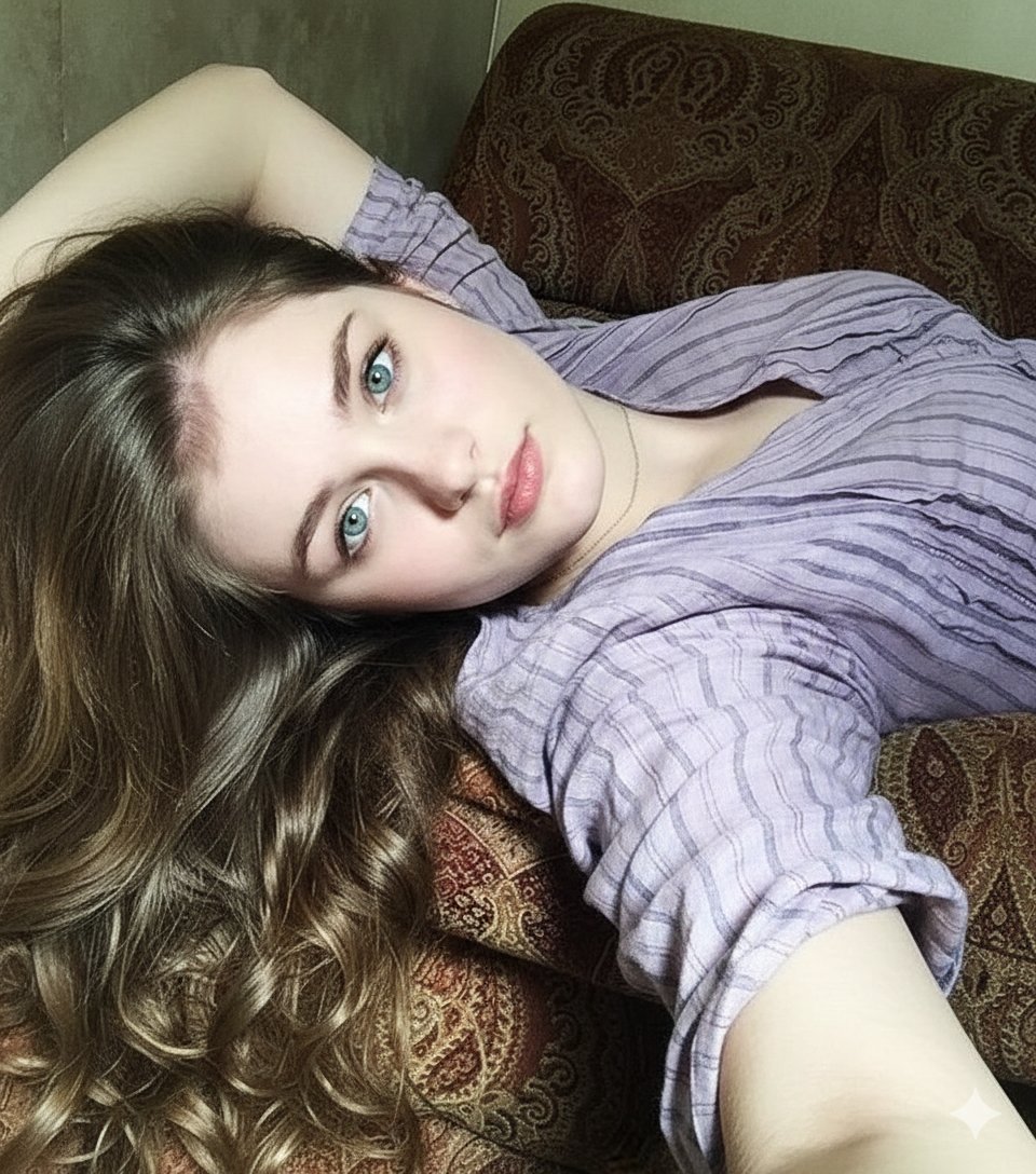 AI Prompt for a High-Resolution Selfie of a Young Woman on an Ornate Couch